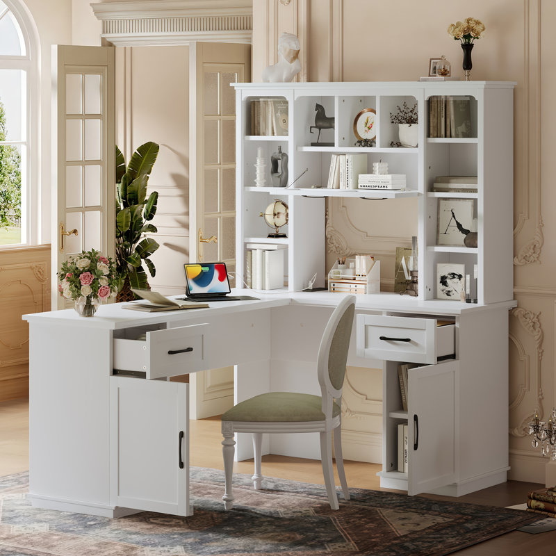 L-Shaped Computer Desk With Drawers, Cabinets & 11 Shelves, Power Outlet For Home Office & Study, White, White