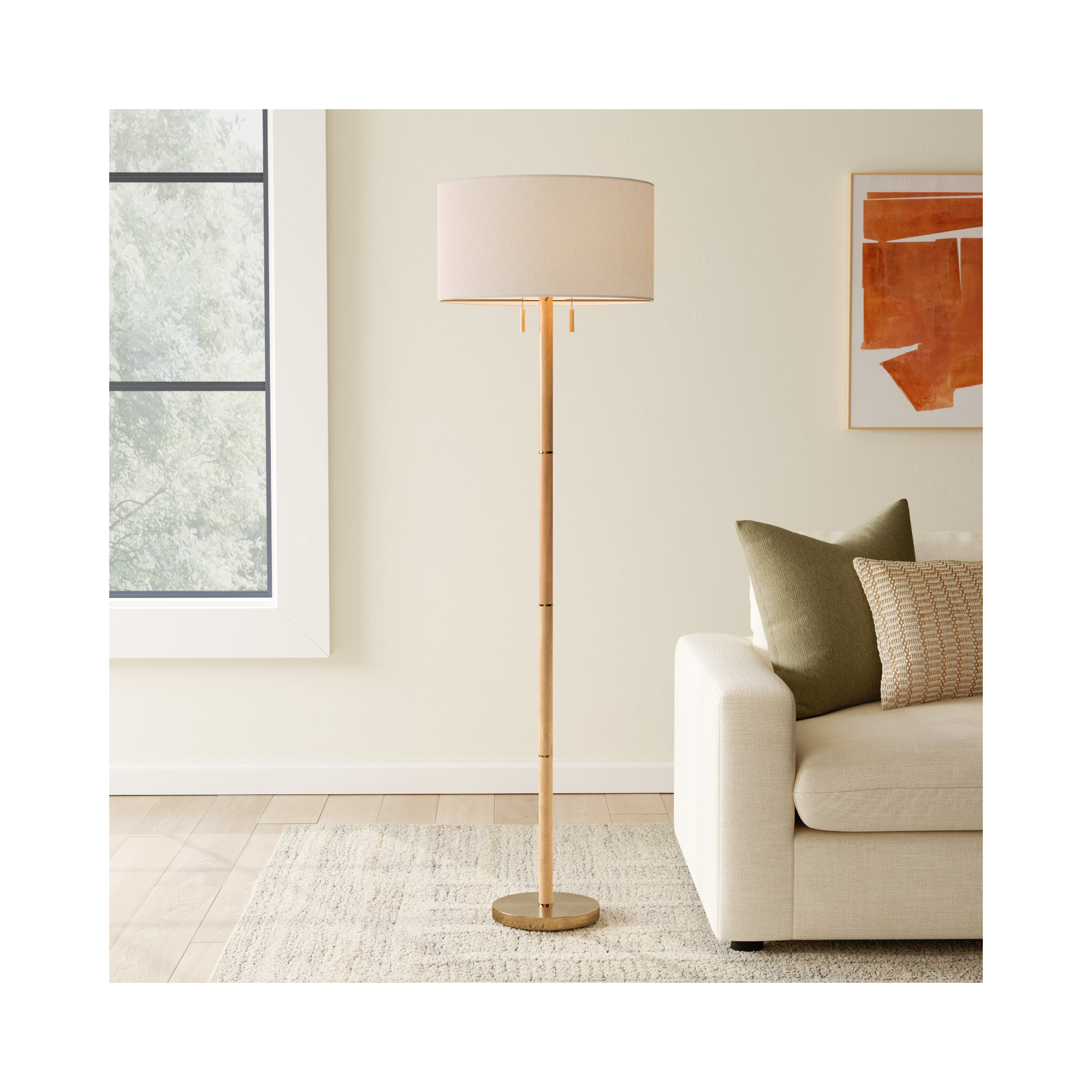 Geno 66.25'' Solid Wood Floor Lamp, Off-White, Natural/Antique Brass