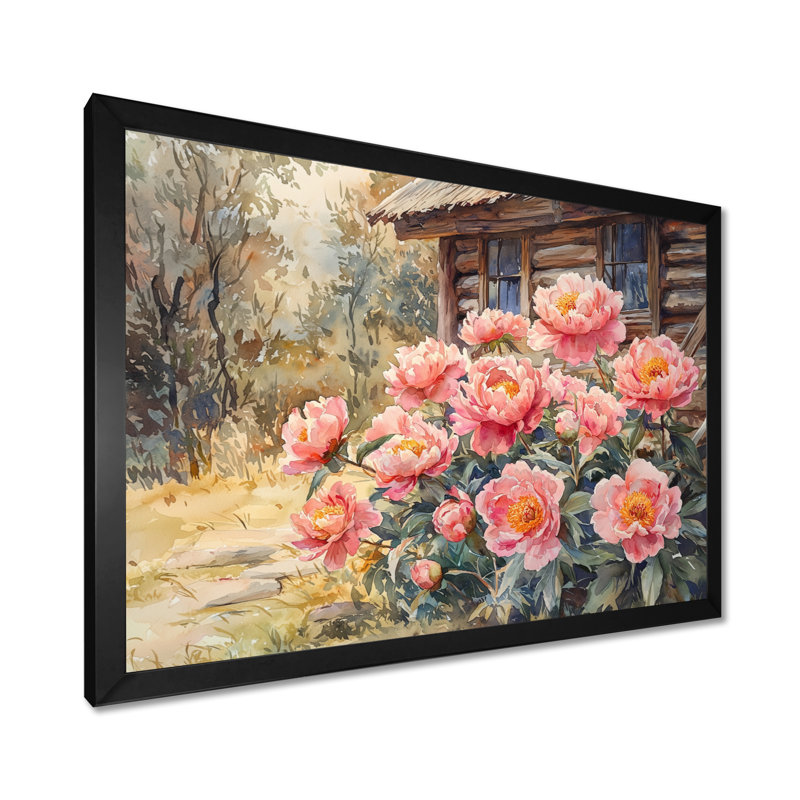 Donyon Forest pivoines par la cabane en rondins III - pivoines, art mural, Reproduction encadrée d'une seule photo