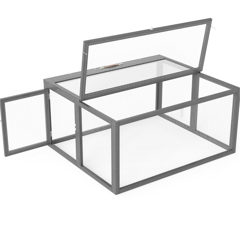 Maison de lapin pliante grise avec portes verrouillables et piquets de sol - Structure en grillage galvanisé de sapin, espace spacieux pour les lapins de se rassembler, assure la stabilité, déplié l 43,3 po x l 37 po x H 21,3 po, plié