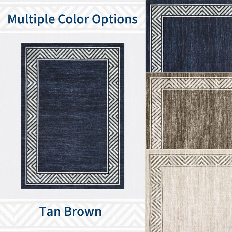 8x10 Modern Geometric Bordered Area Rug – Washable, Foldable, Stain-Resistant, Easy to Clean, Non-Slip for Living Room & Bedroom (Navy Blue)