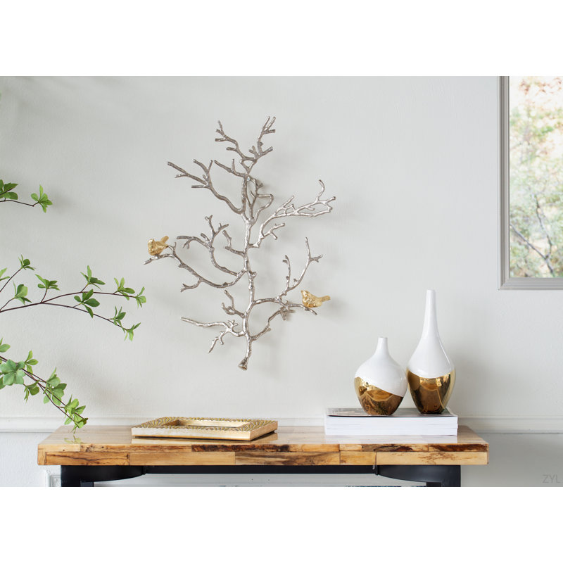 Ensemble de 2 sculptures murales en métal avec accents d'oiseaux 17 x 5,5 x 22 po