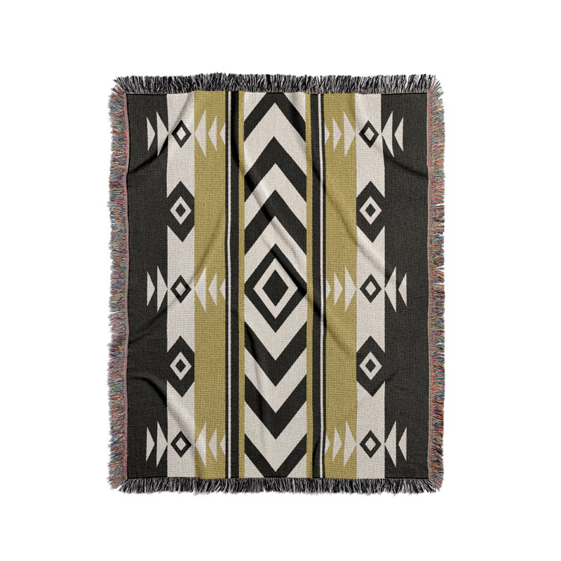Couverture en mélange de coton Fika South Western, Noir / or terne, L 70 po x l 50 po
