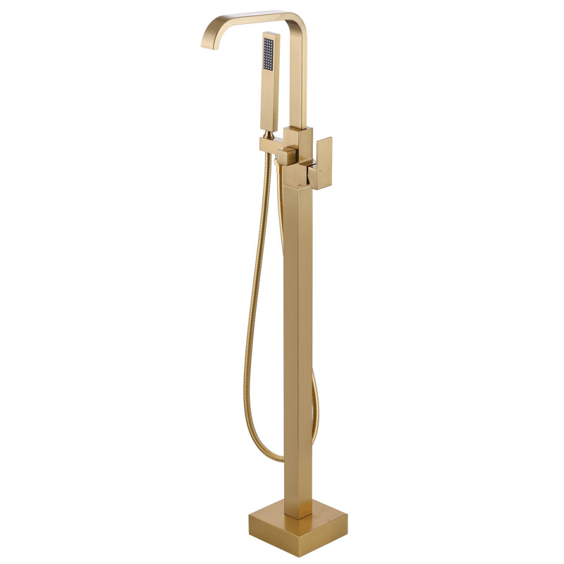 Floor Mounted Freestanding Tub Filler with Diverter and Handshower, Gold