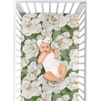 Sage Green and Ivory Watercolor Magnolia Fitted Crib Sheet by Sweet Jojo Designs