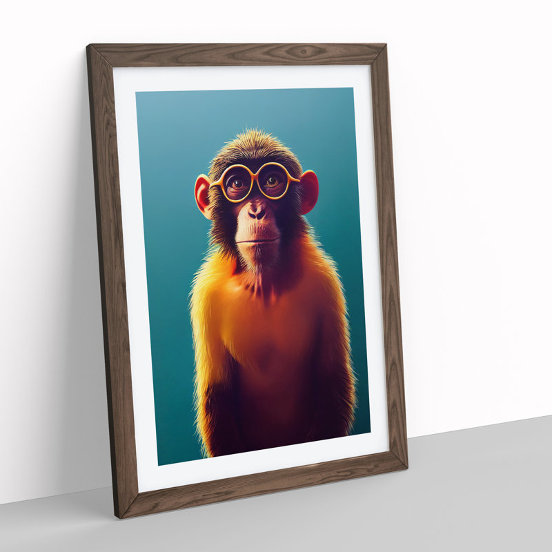 Brainy Monkey - Wall Art, 66cm H x 48cm W x 2cm D, Walnut Framed, White