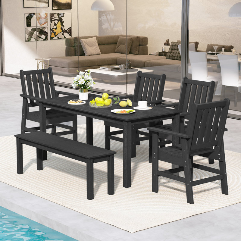 6PCS Patio Dining Bench Set Outdoor HDPE Weather Resistant Table & Chairs Set Black, Black