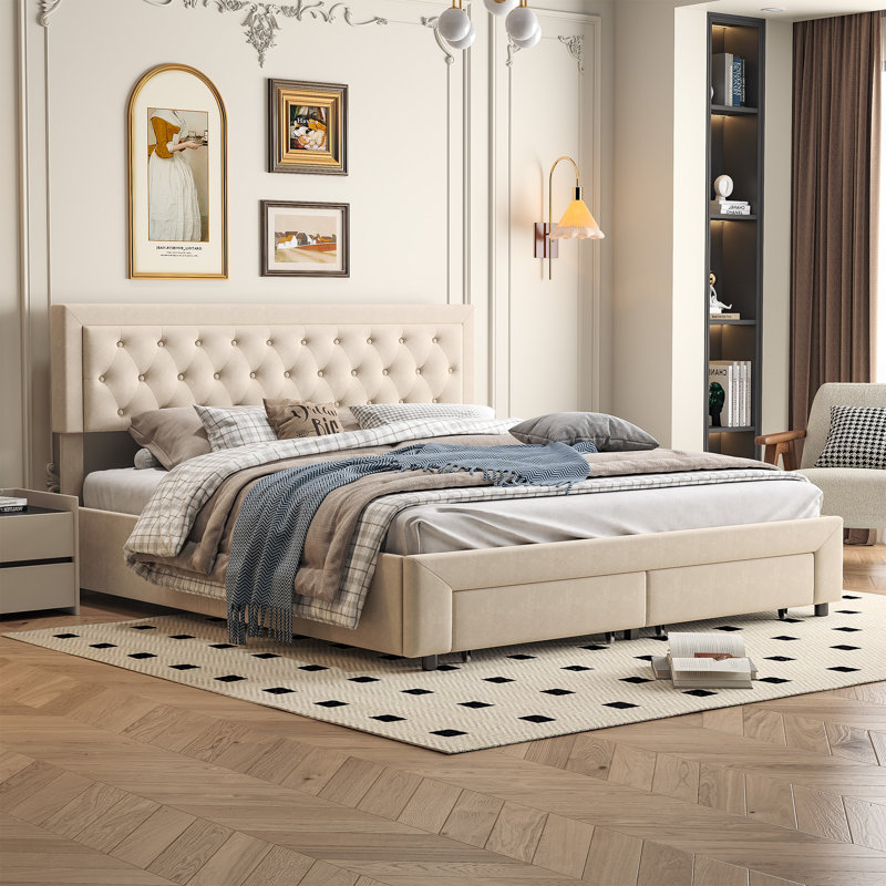 Upholstered Storage Bed, Beige, European Kingsize (160 x 200 cm)