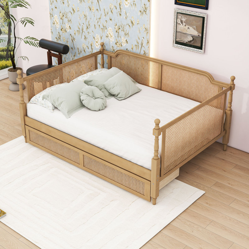  Wooden Daybed with Headboard and Drawer, Full/Double, Antique Walnut