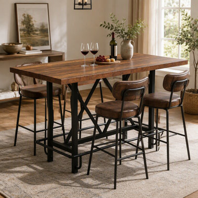 Table de salle à manger à hauteur de comptoir pour 6 personnes, table de salle à manger industrielle en bois rustique avec pieds et repose-pieds robustes en métal
