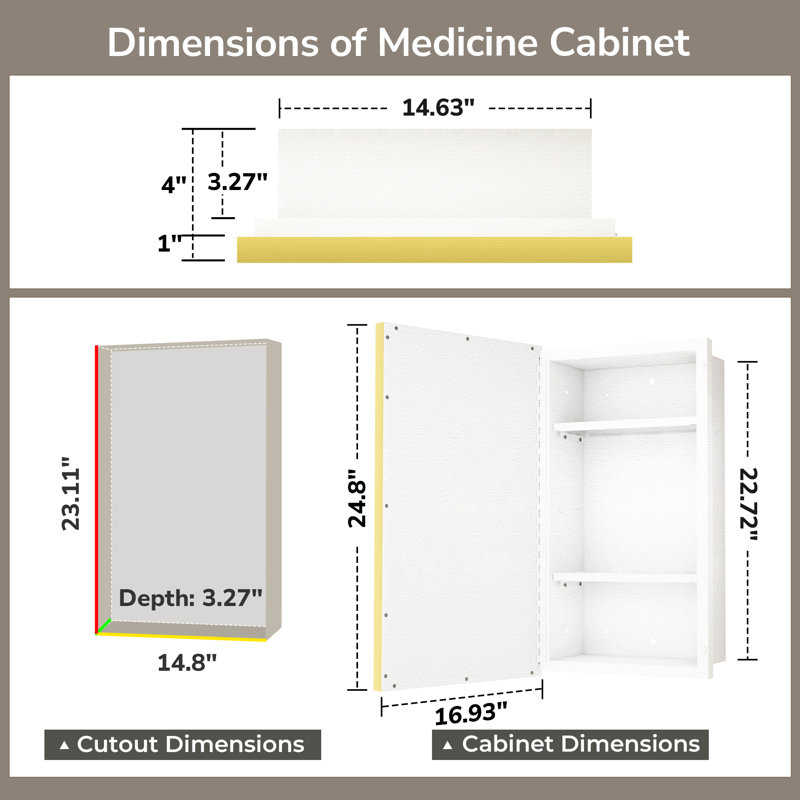 Armoire à pharmacie avec miroir et 3 tablettes Cyrille, H 24 po x l 16 po x P 5,2 po, Doré / Blanc