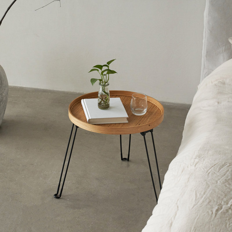 Round Wood And Rattan Side Table, Foldable Table With Metal Tripod, Rattan Round Tray Top, Boho Style, Chic Coffee Table, Foldable Side Table