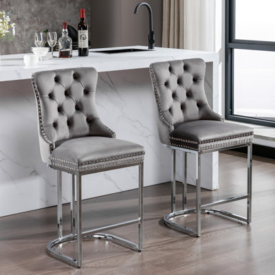 26" Counter Height Bar Stools, Modern Gray Velvet With Button Back&rivet Trim, Metal Base For Home&kitchen Of 2 Back & Rivet Chromed Kitchen Island
