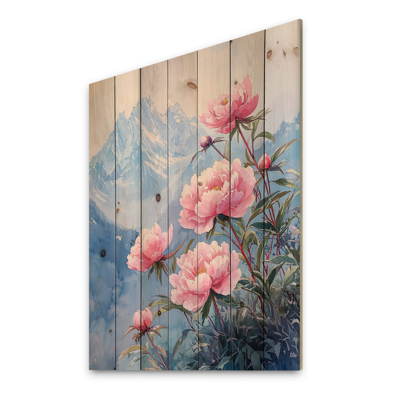 Pivoines par les sommets enneigés III - Décoration murale en bois de pivoines - sur bois de pin naturel