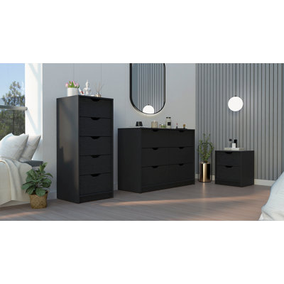 Ensemble de chambre à coucher 3 pièces, table de chevet + commode Stockley, noir Stockley