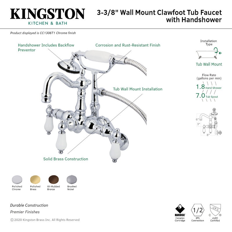 Kingston Brass Vintage Three-Handle 2-Hole Tub Wall Mount Clawfoot Tub Faucet with Hand Shower, Polished Brass