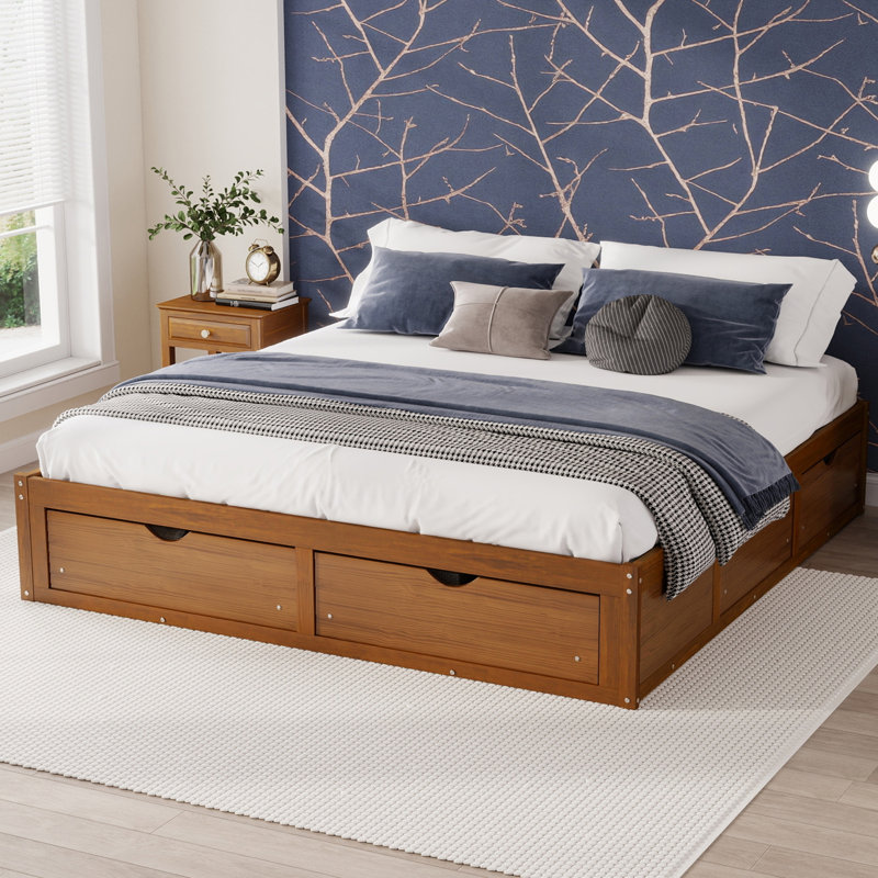 Lit plateforme avec 6 tiroirs de rangement, lit de rangement en bois de pin, King, Walnut