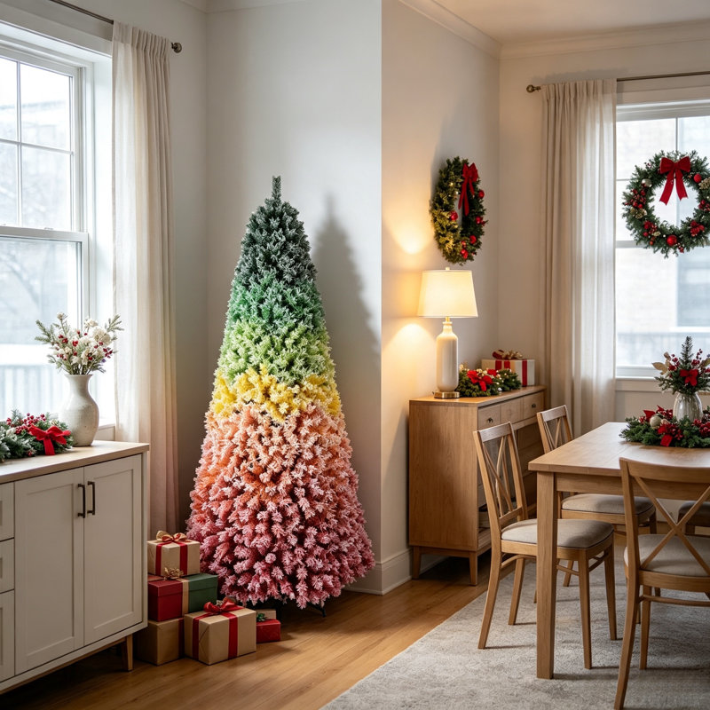Arbre de Noël artificiel enneigé 6 pi avec dégradé arc-en-ciel, 1326 pointes en PVC, finition floquée enneigée, branches articulées avec support en métal robuste pour la décoration des Fêtes