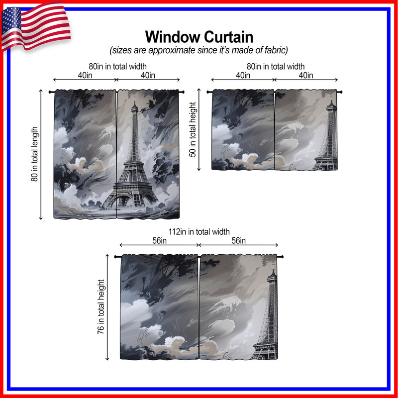 Rideaux de fenêtre Tour Eiffel obscurcissant et obscurcissant - 2 panneaux, 20 po x 60 po - 2 panneaux