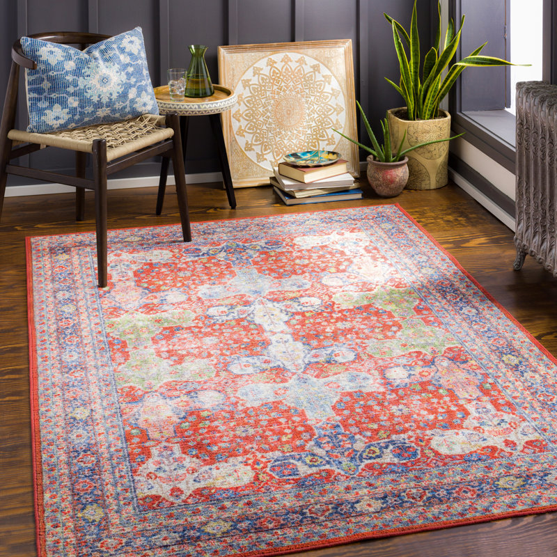 Bright Red Wool Traditional Washable Area Rug 2'7" x 4'