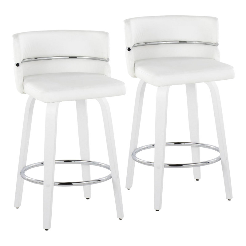 Tabouret de bar à hauteur fixe avec pivot en bois blanc et similicuir blanc avec repose-pieds rond chromé - ensemble de 2