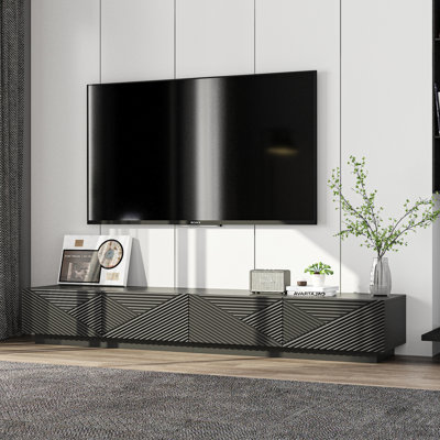 78.7" Modern Black MDF TV Stand With Handle-Free Push-To-Open Doors, Hydraulic Support, And Textured Front Panel For Living Room Entertainment