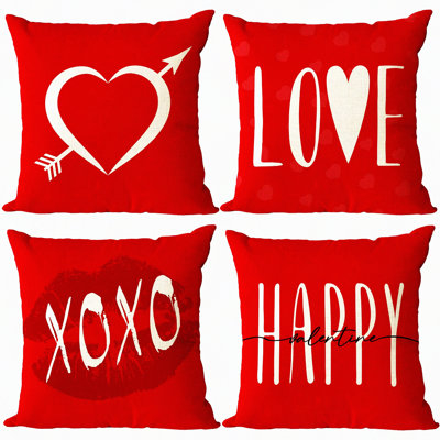 Love Heart Anniversary Pillow Set - Outdoor Sofa Decoration - Red Cushion Covers - Valentines Day Throw Pillow Cases - Set of 4