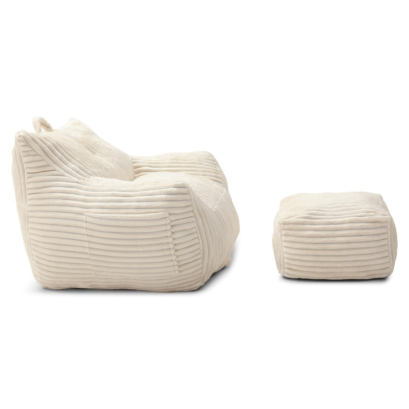 Comfy Lazy Bean Bag Chair with Armrests and Ottoman, Beige Corduroy