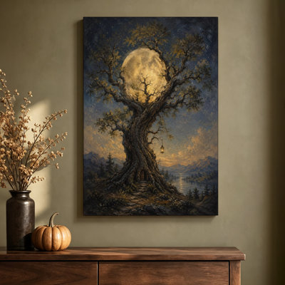 Arbre géant au clair de lune avec lanterne suspendue, tableau romantique d'Halloween, toile montée sur châssis, 61 cm H x 91 cm L, prêt à accrocher