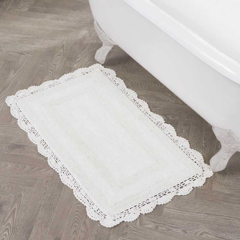 Laura Ashley Crochet Machine Washable Cotton Bath Rug, White, 40" L x 24" W