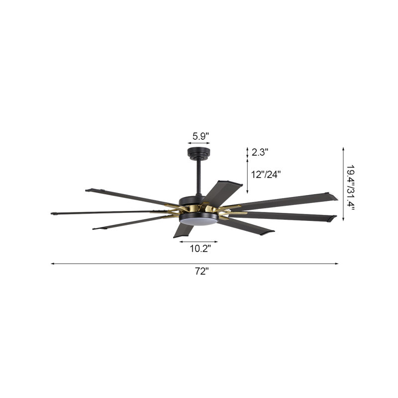 Ventilateur de plafond intérieur avec ensemble d'éclairage et télécommande, moteur réversible, Noir, 72", Noir