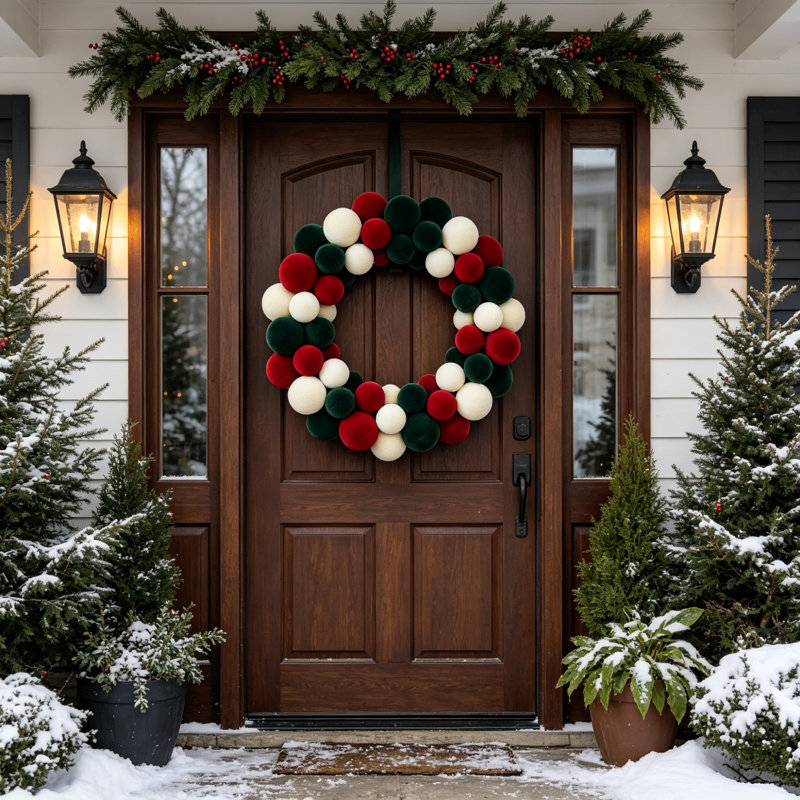 Couronne de Noël en flocons de Noël 13,77 pouces, couronne de Noël crème rouge pour décoration murale