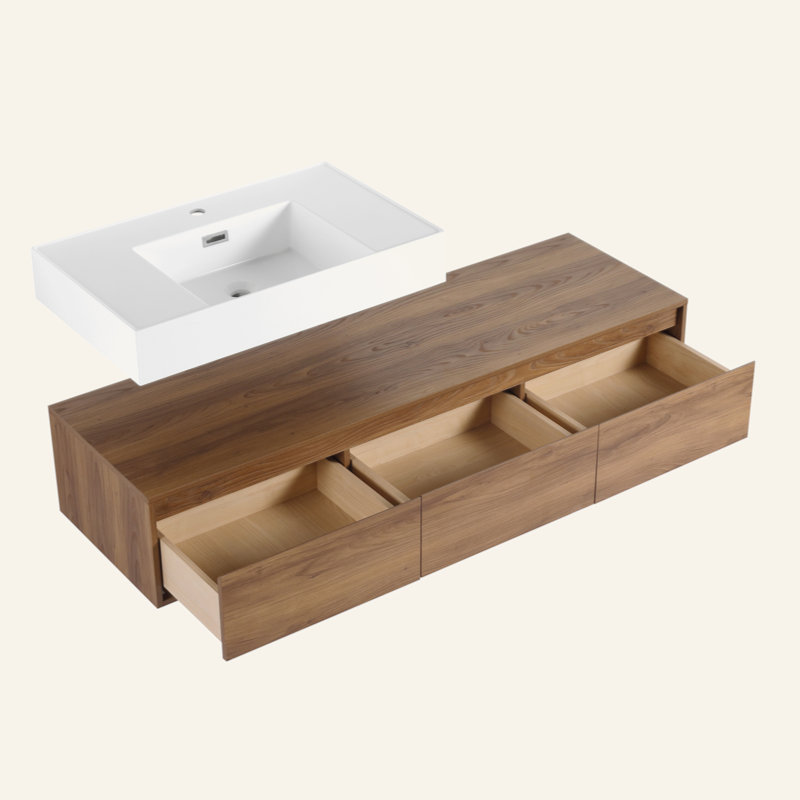 Meuble-lavabo mural 60 po avec lavabo en résine, tiroir à fermeture en douceur et fixation à flotteur