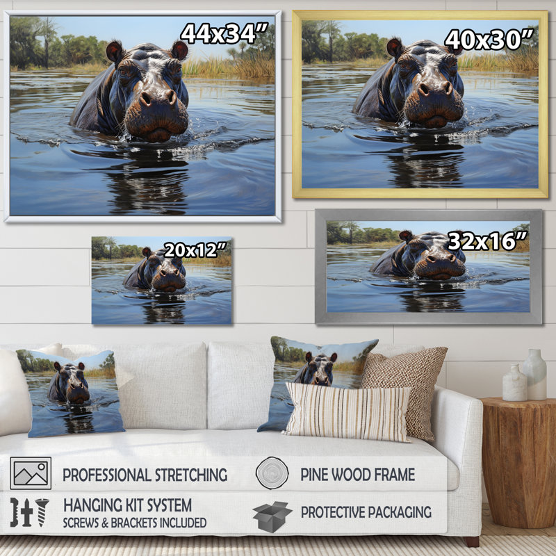 Hippopotames gris, berge, rêveries 2 - art mural hippopotame, Cadre flottant noir, H 24 po x l 32 po x P 1 po
