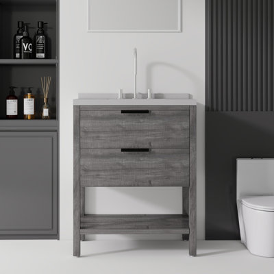 Meuble-lavabo autoportant de 30 pouces avec lavabo, porte à fermeture en douceur, comptoir et dosseret en marbre de granite blanc de 2 po, contreplaqué, gris