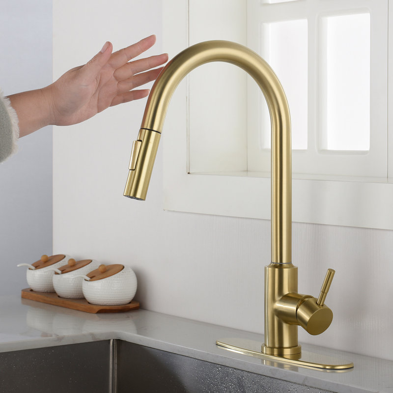 Touch Kitchen Faucet With Pull Down Spray Head - 360-Degree Rotating, Single Handle For Easy Water Temperature And Flow Control, Corrosion Rust , Gold Stainless Steel, 16.28 In. Deep, 10.26 Wide,