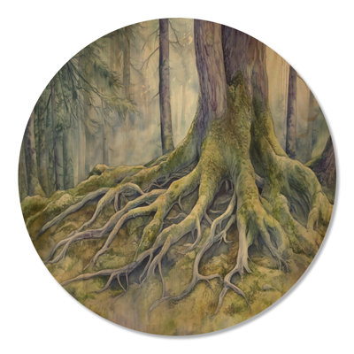 Racines de forêt antique - Art mural rond en bois vert