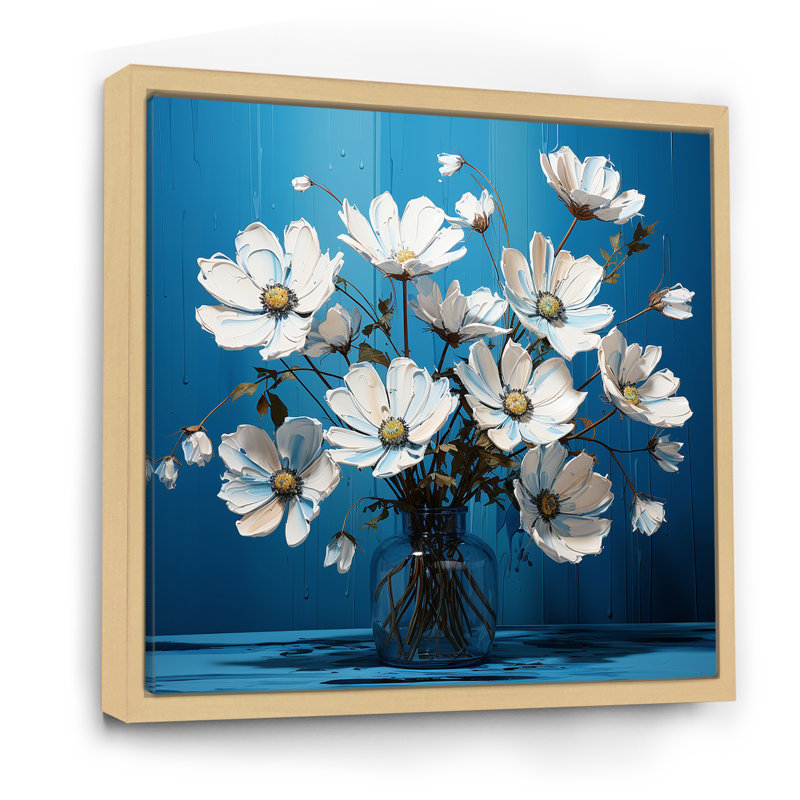 «White Blue Flowers Quirky I», impressions sur toile_105835, H 36 po x l 36 po x P 1,5 po, Cadre naturel flottant