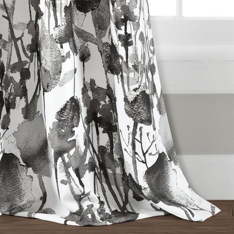 Zuri Floral Gray and White Polyester Room Darkening Curtain Pair