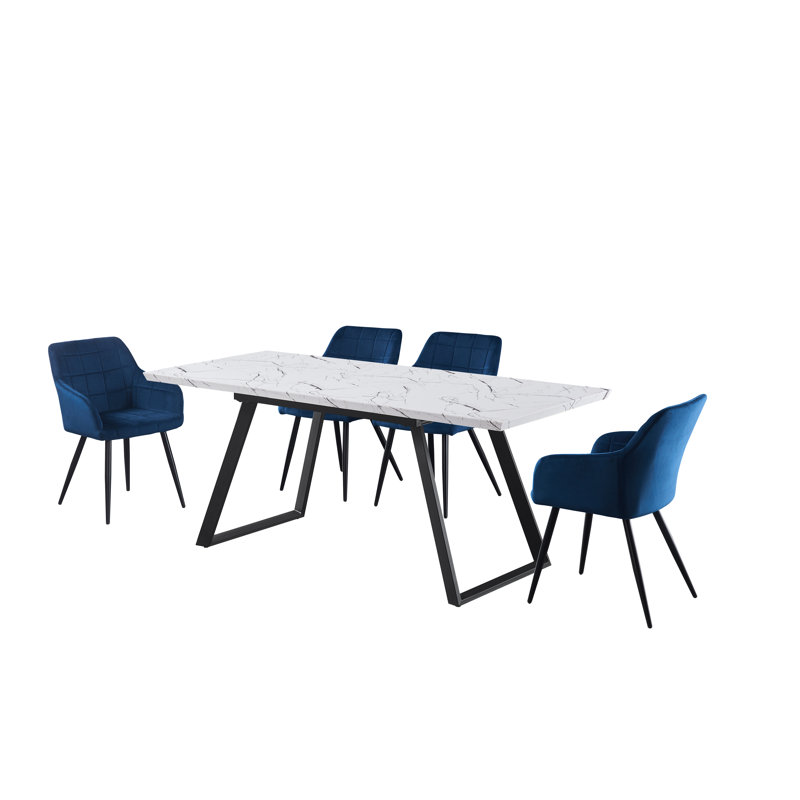 Yerres 4 Person Dining set - a Rectangular Extendable Dining Table with Metal Legs and a Set of 4 Quilted Velvet Dining Chairs for Dining Room - Modern Dining Table Set