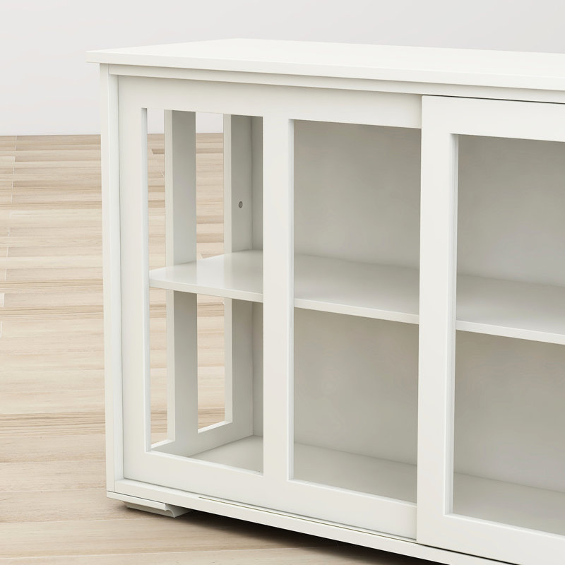 Kitchen Storage Cabinet - White With Glass Door. Constructed From Robust For Stability. 2 Sliding Doors And Adjustable Shelf Versatile Storage. Painted. Non-Slip Feet To Crafted E1 Grade Practical