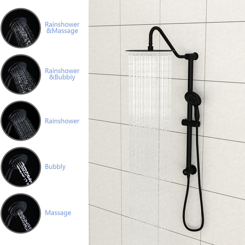 5 Function Shower System, Matte Black. 10 Inch Head & 26.3" Slide Bar . Wall Mounted, Easy To Setup. Rain, Massage, Bubbly Modes. Includes Head, Handheld, Hose. Nozzle For Cleaning. No Valve Trim Kit