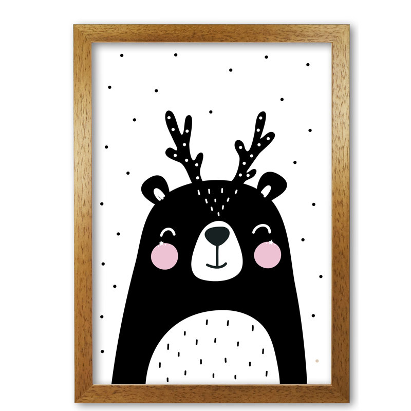 Black Bear With Antlers - Painting, 42 cm H x 30 cm W x 5 cm D, Honey Oak Frame