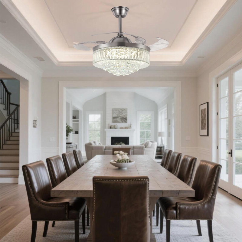 42 Inch - Silver Crystal Fan Chandelier - Remote Control / Dimmable / Variable Speed - Suitable For Living Room And Any Room