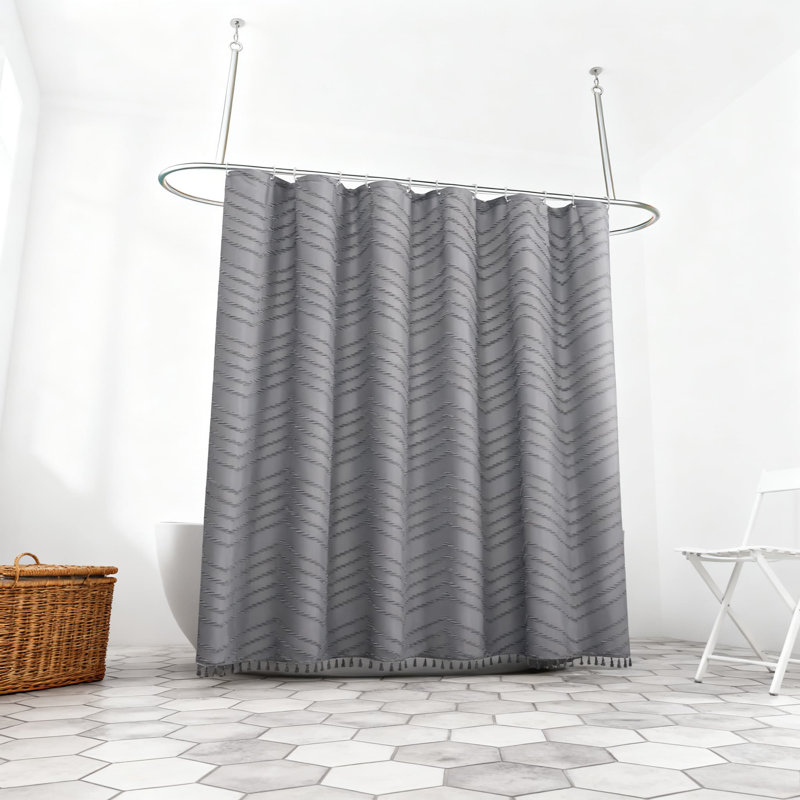 Tissu de rideau de douche en tissu texturé à motif de chevron texturé et imperméable avec pompons, Gris