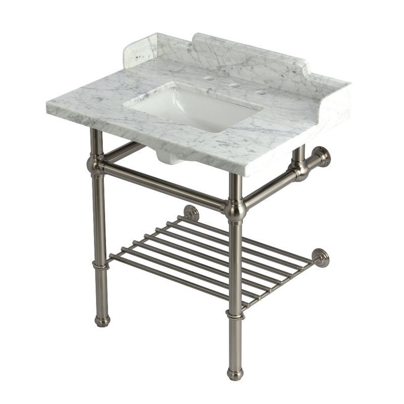 Kingston Brass Pemberton 30-Inch Carrara Marble Console Sink with Brass Legs and Shelf (8-Inch, 3-Hole)