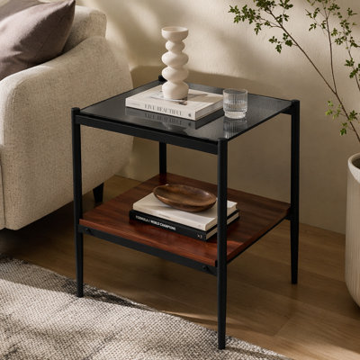 Table de bout rectangulaire polyvalente avec plateau en verre trempé et fabrication en panneau de fibres à densité moyenne durable pour le salon
