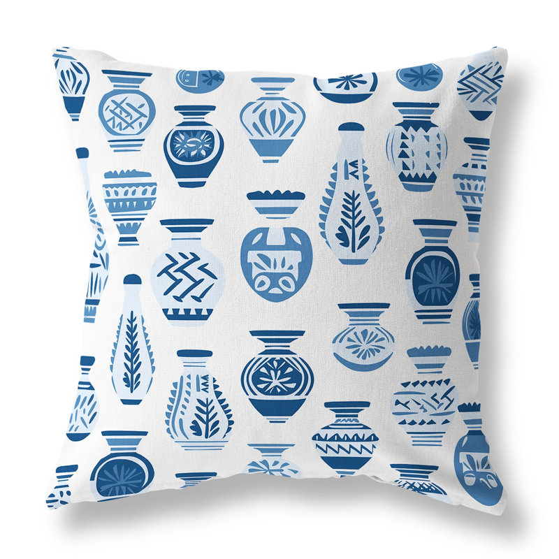 Coussin décoratif intérieur / extérieur Mystical Pottery, H 18 po x l 18 po, Bleu / blanc