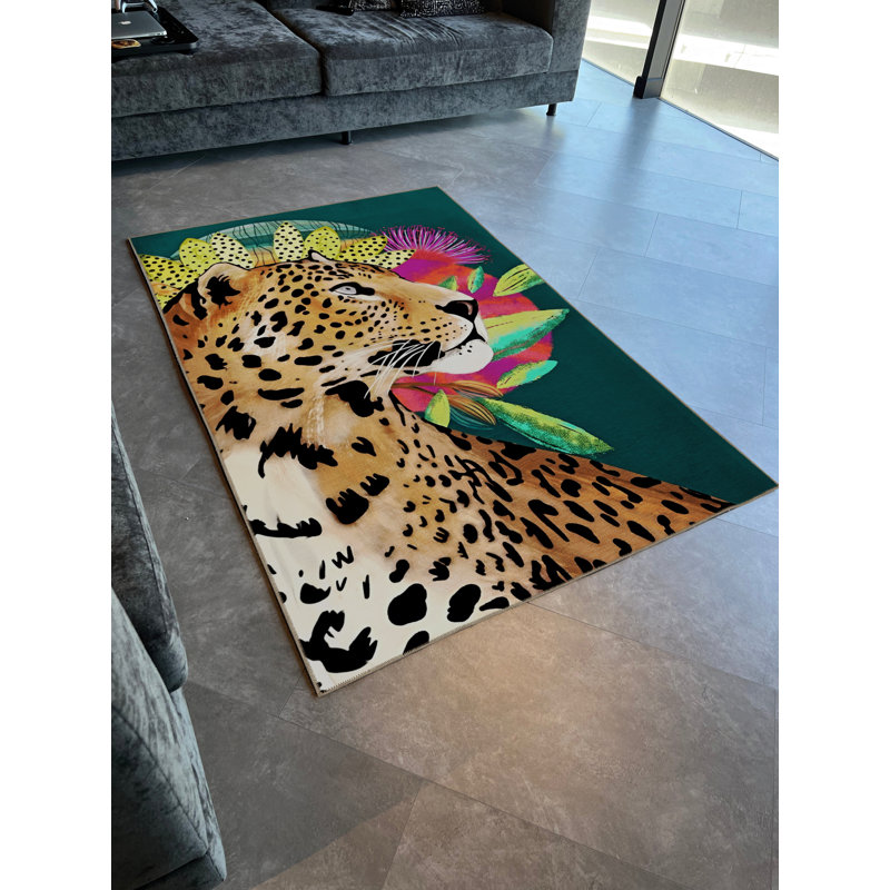 Tapis décoratif moderne à motif vert tigre et fleur, Rectangle 4 pi 11 po x 9 pi 10 po