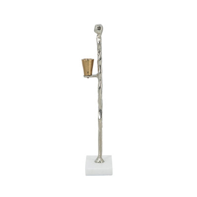 Abstract Human Form Aluminum Taper Candle Holder with Marble Base, 15.5 Inch Silver Modern Sculpture for Dining Tables